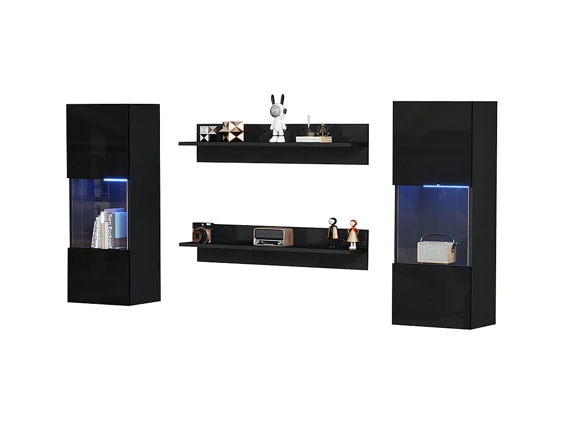 Étagère murale 4 pièces noir LED portes verre trempé application éclairage intelligent