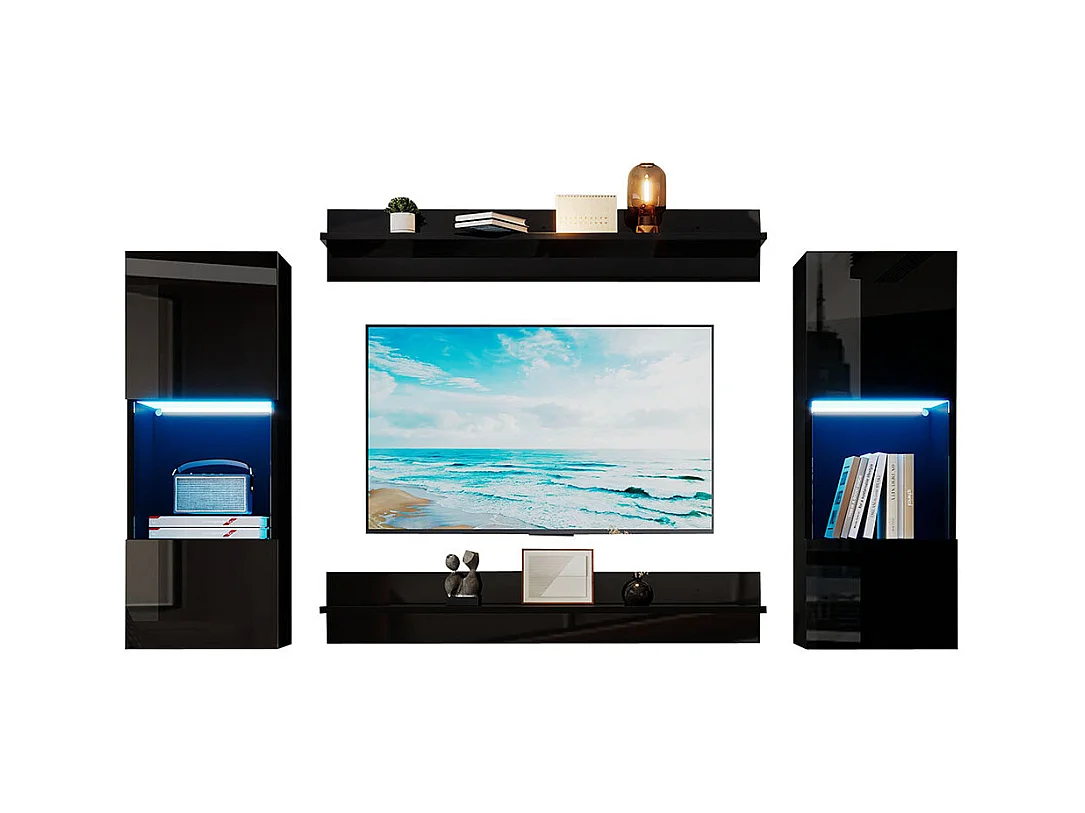 Étagère murale 4 pièces noir LED portes verre trempé application éclairage intelligent