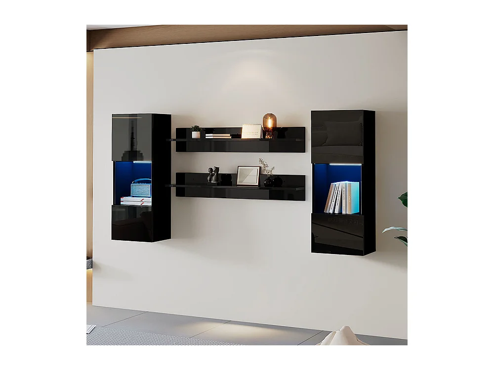 Étagère murale 4 pièces noir LED portes verre trempé application éclairage intelligent