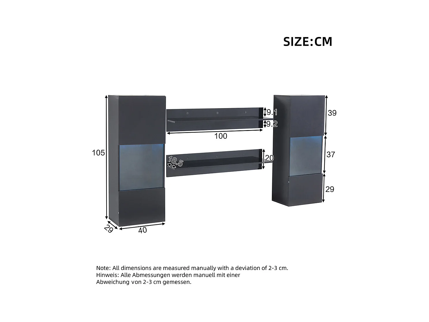 Étagère murale 4 pièces noir LED portes verre trempé application éclairage intelligent