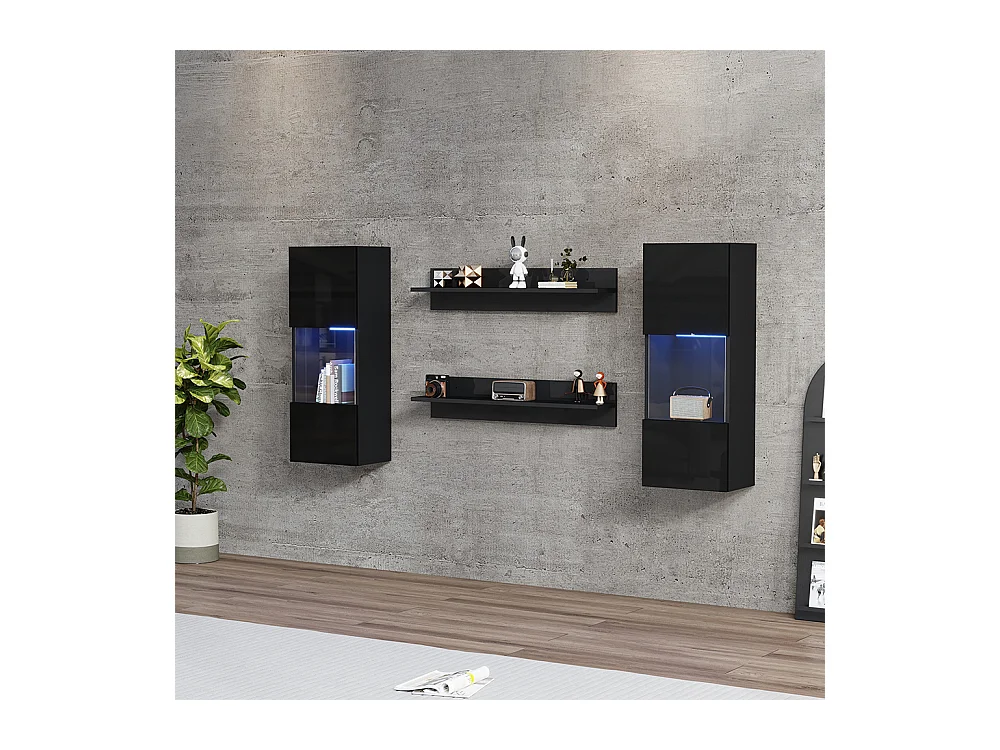 Étagère murale 4 pièces noir LED portes verre trempé application éclairage intelligent