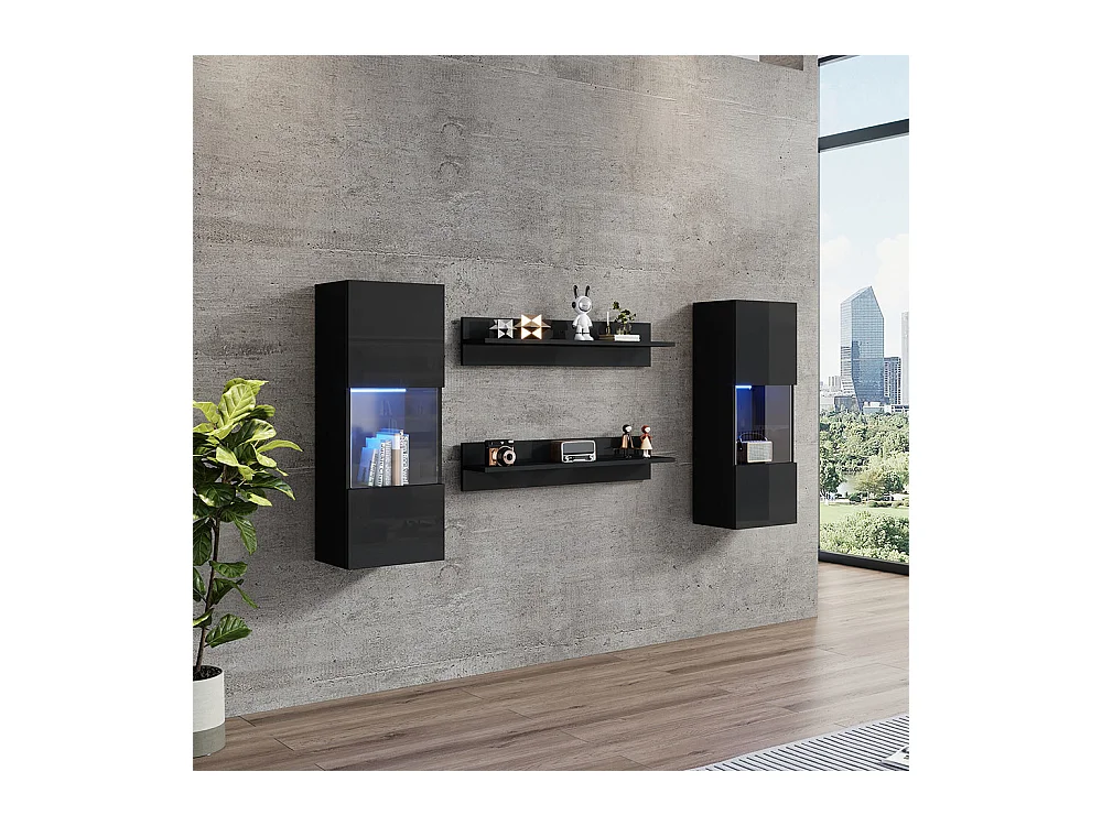 Étagère murale 4 pièces noir LED portes verre trempé application éclairage intelligent