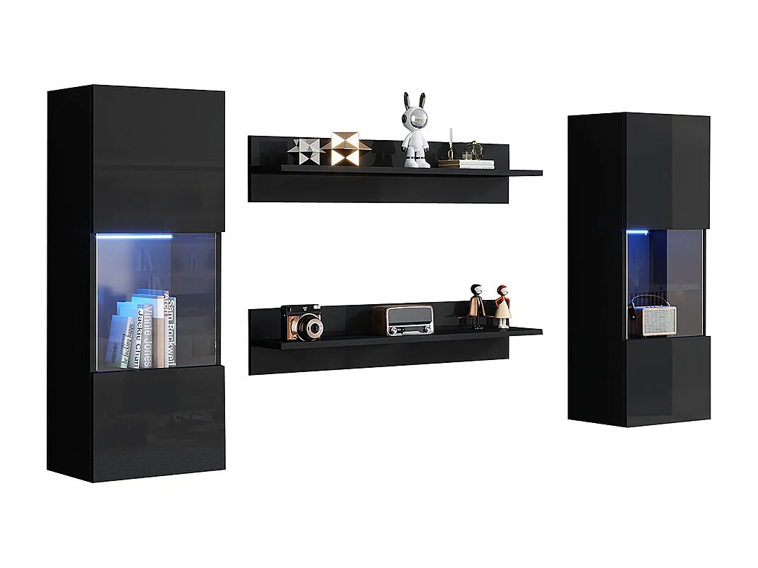 Étagère murale 4 pièces noir LED portes verre trempé application éclairage intelligent