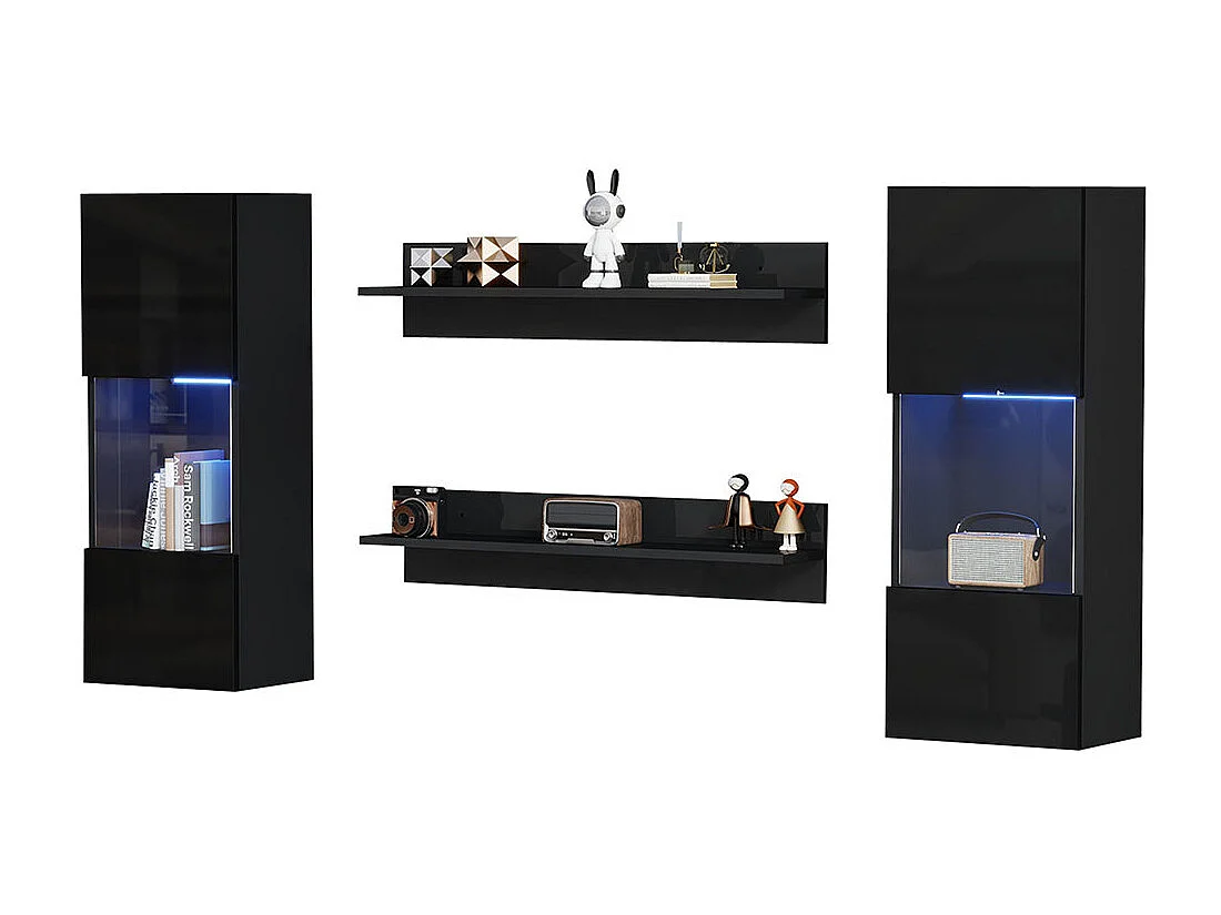 Étagère murale 4 pièces noir LED portes verre trempé application éclairage intelligent