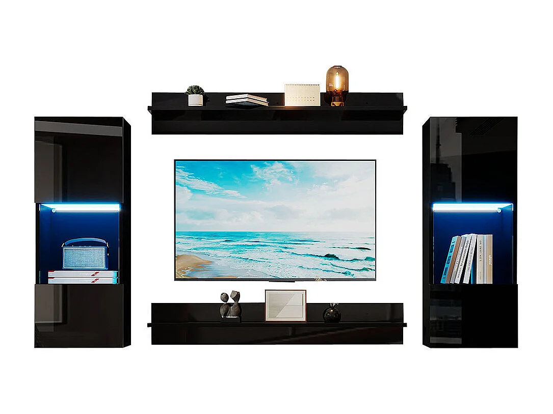 Étagère murale 4 pièces noir LED portes verre trempé application éclairage intelligent