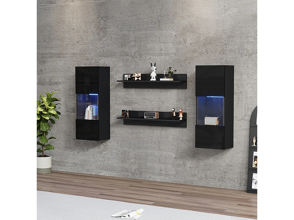 Étagère murale 4 pièces noir LED portes verre trempé application éclairage intelligent