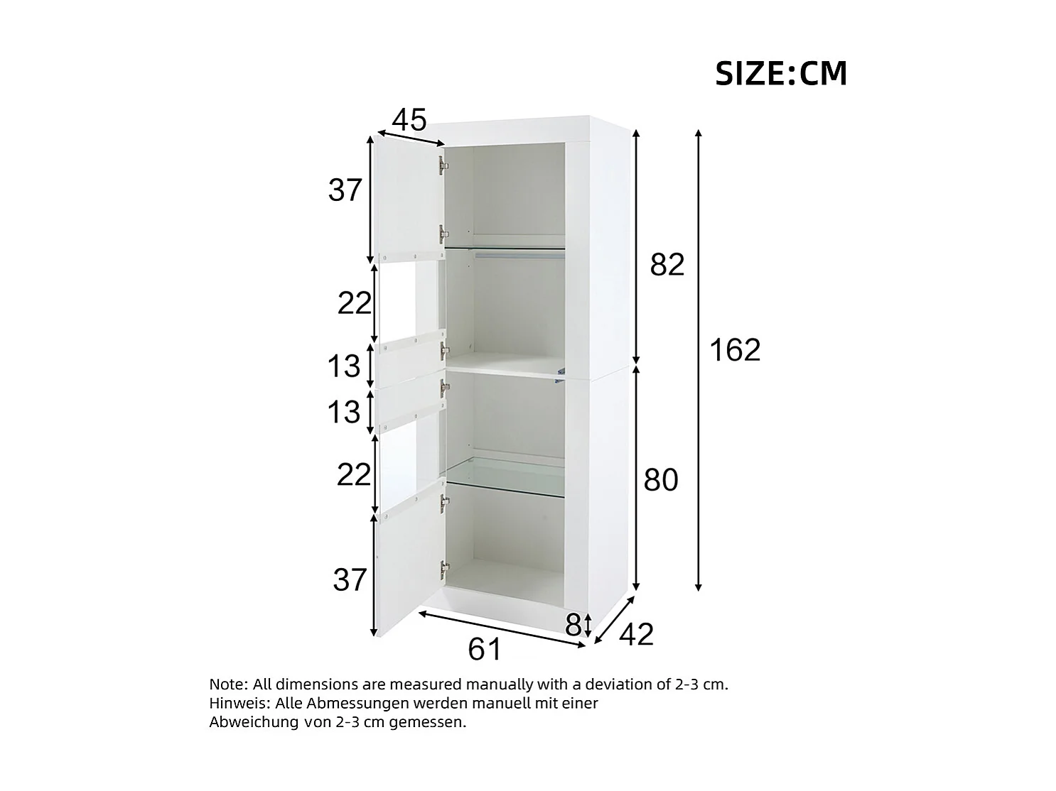 Vitrine 61x42x162 cm blanc brillant LED tablette verre armoire haute