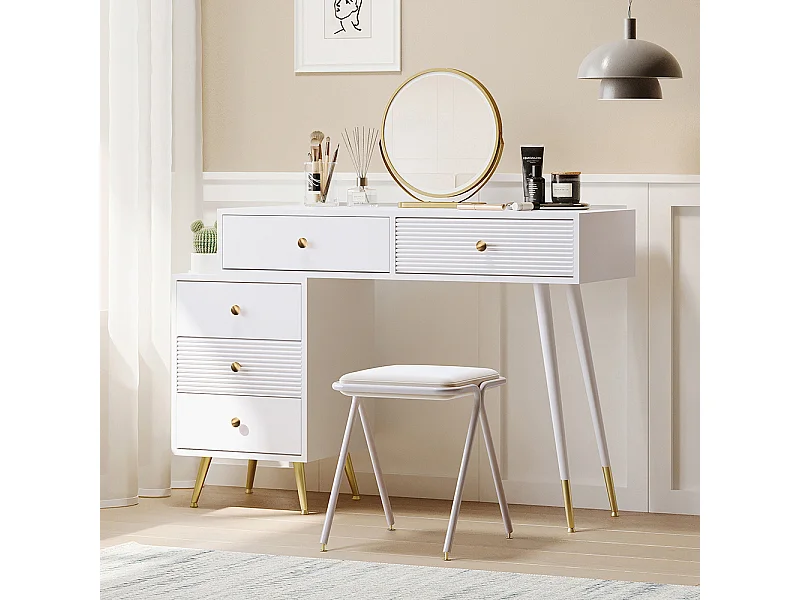 Coiffeuse blanc éclairage LED miroir armoire latérale réglable design extensible sans tabouret