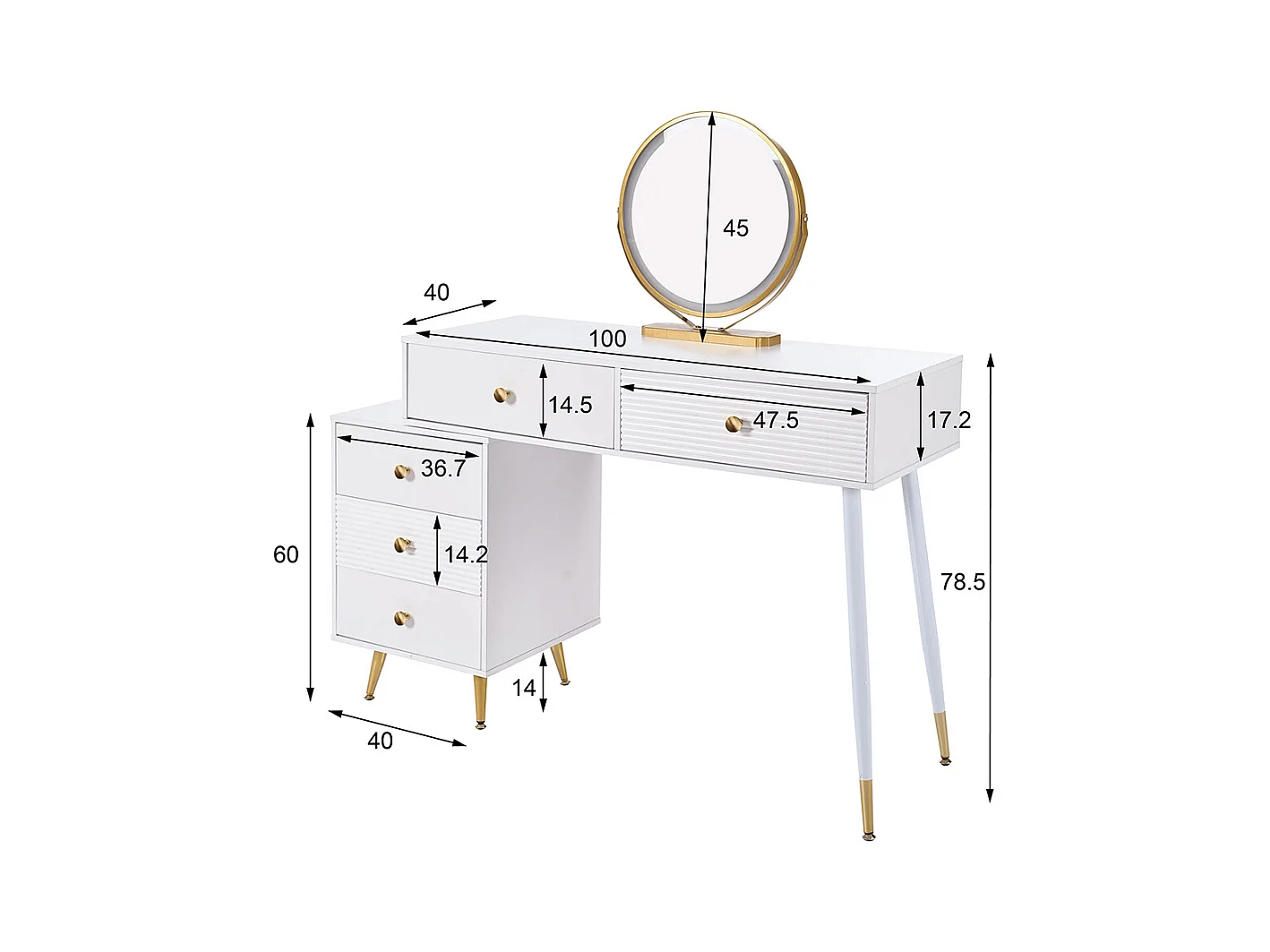 Coiffeuse blanc éclairage LED miroir armoire latérale réglable design extensible sans tabouret