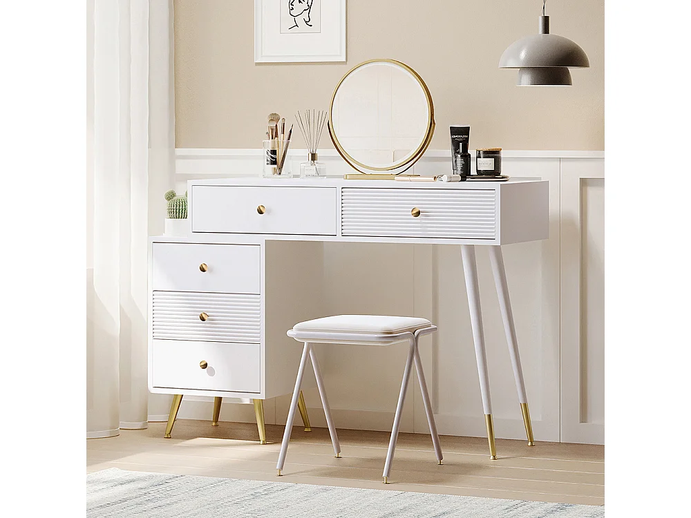 Coiffeuse blanc éclairage LED miroir armoire latérale réglable design extensible sans tabouret