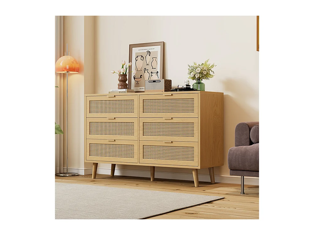 Commode naturel 6 tiroirs buffet bois poignées métalliques chambre salon bureau espace rangement