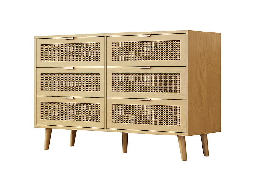 Commode naturel 6 tiroirs buffet bois poignées métalliques chambre salon bureau espace rangement