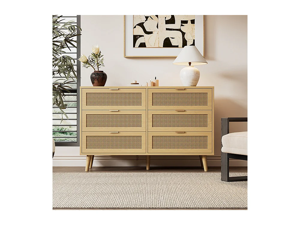 Commode naturel 6 tiroirs buffet bois poignées métalliques chambre salon bureau espace rangement