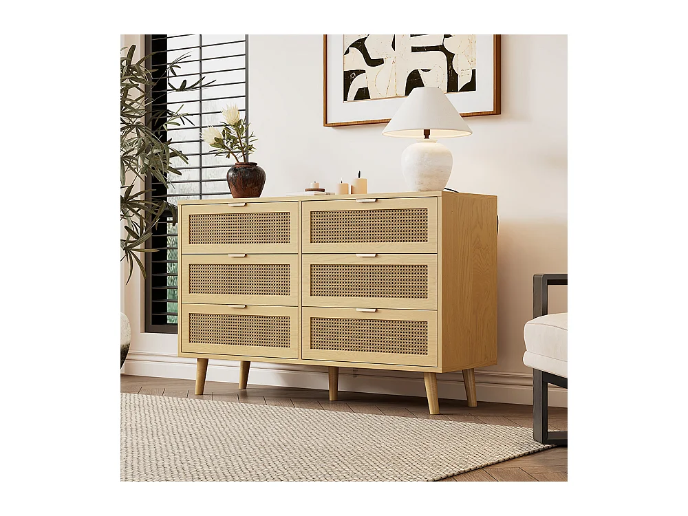 Commode naturel 6 tiroirs buffet bois poignées métalliques chambre salon bureau espace rangement