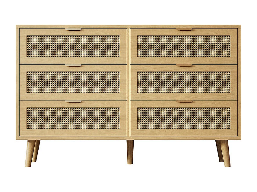 Commode naturel 6 tiroirs buffet bois poignées métalliques chambre salon bureau espace rangement