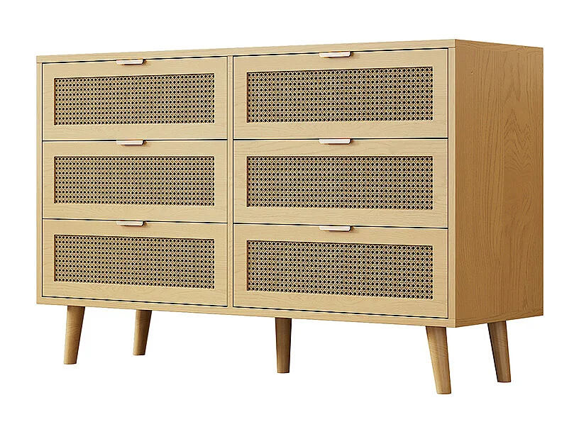 Commode naturel 6 tiroirs buffet bois poignées métalliques chambre salon bureau espace rangement