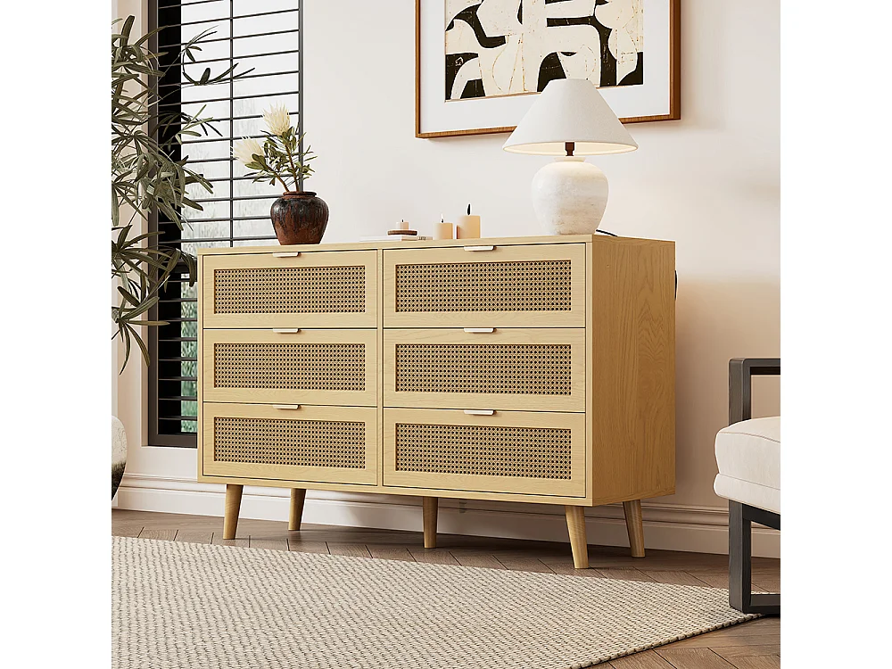 Commode naturel 6 tiroirs buffet bois poignées métalliques chambre salon bureau espace rangement