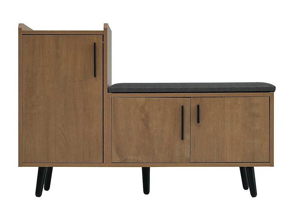 Meuble à chaussures naturel banc trois portes rangement poignées métalliques asymétriques