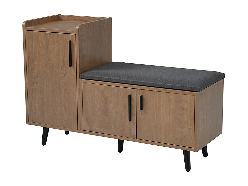 Meuble à chaussures naturel banc trois portes rangement poignées métalliques asymétriques