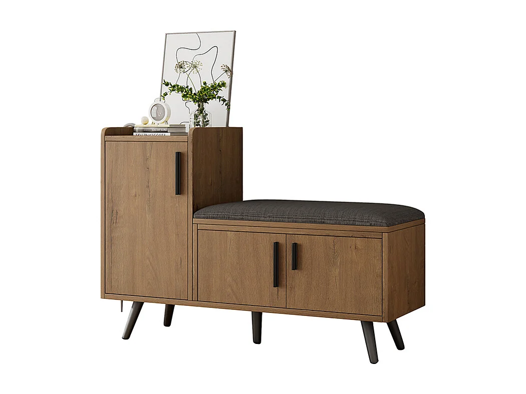 Meuble à chaussures naturel banc trois portes rangement poignées métalliques asymétriques