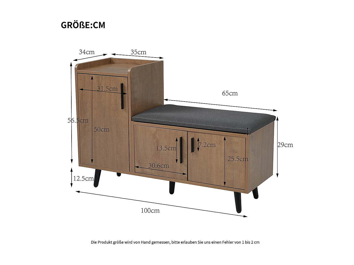 Meuble à chaussures naturel banc trois portes rangement poignées métalliques asymétriques
