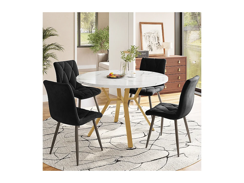 Ensemble table à manger 5 pièces table ronde marbre moderne pieds dorés 4 chaises ergonomiques velours noir