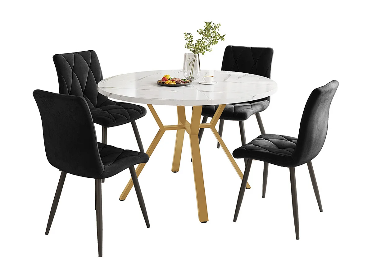 Ensemble table à manger 5 pièces table ronde marbre moderne pieds dorés 4 chaises ergonomiques velours noir