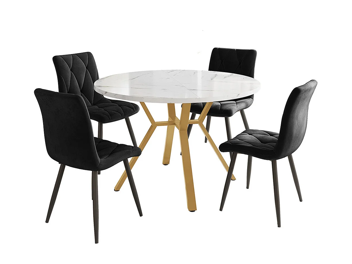 Ensemble table à manger 5 pièces table ronde marbre moderne pieds dorés 4 chaises ergonomiques velours noir
