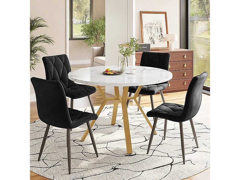 Ensemble table à manger 5 pièces table ronde marbre moderne pieds dorés 4 chaises ergonomiques velours noir
