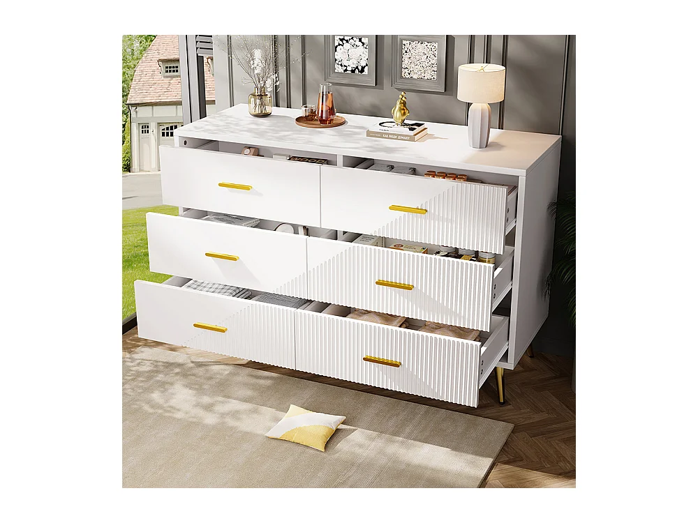 Commode à tiroirs meuble salle à manger blanc simple moderne design portes darmoire trois dimensions pieds dorés 6 tiroirs spacieux