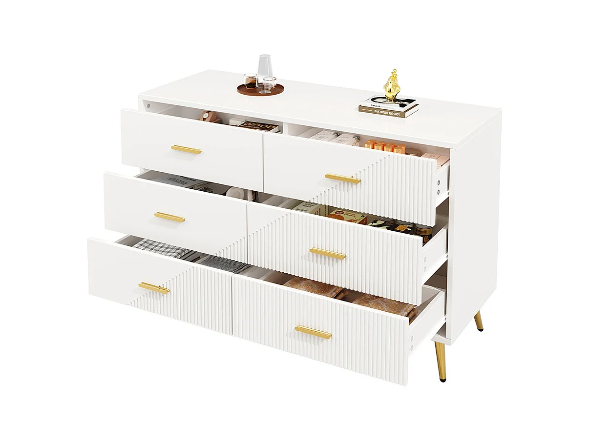 Commode à tiroirs meuble salle à manger blanc simple moderne design portes darmoire trois dimensions pieds dorés 6 tiroirs spacieux