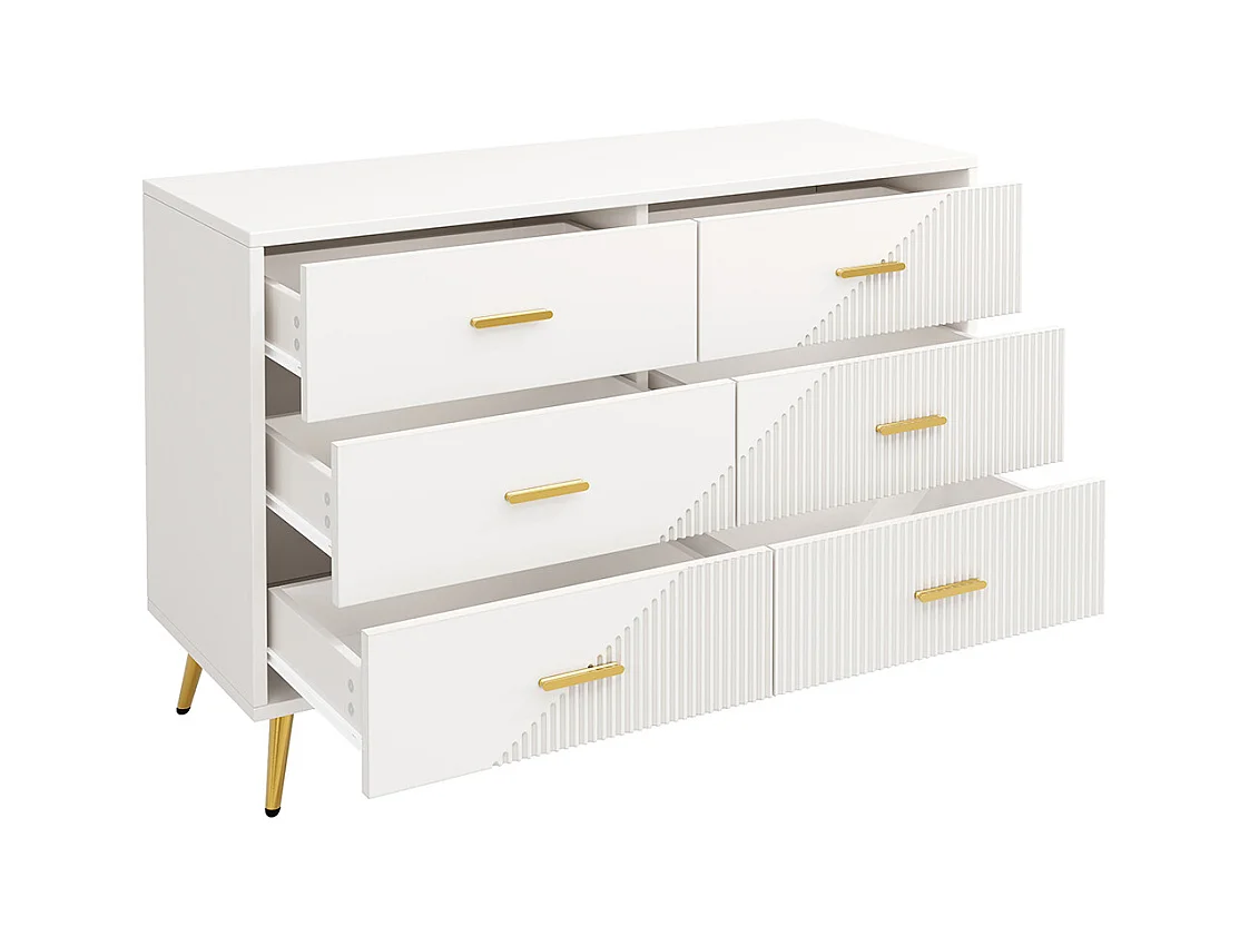 Commode à tiroirs meuble salle à manger blanc simple moderne design portes darmoire trois dimensions pieds dorés 6 tiroirs spacieux