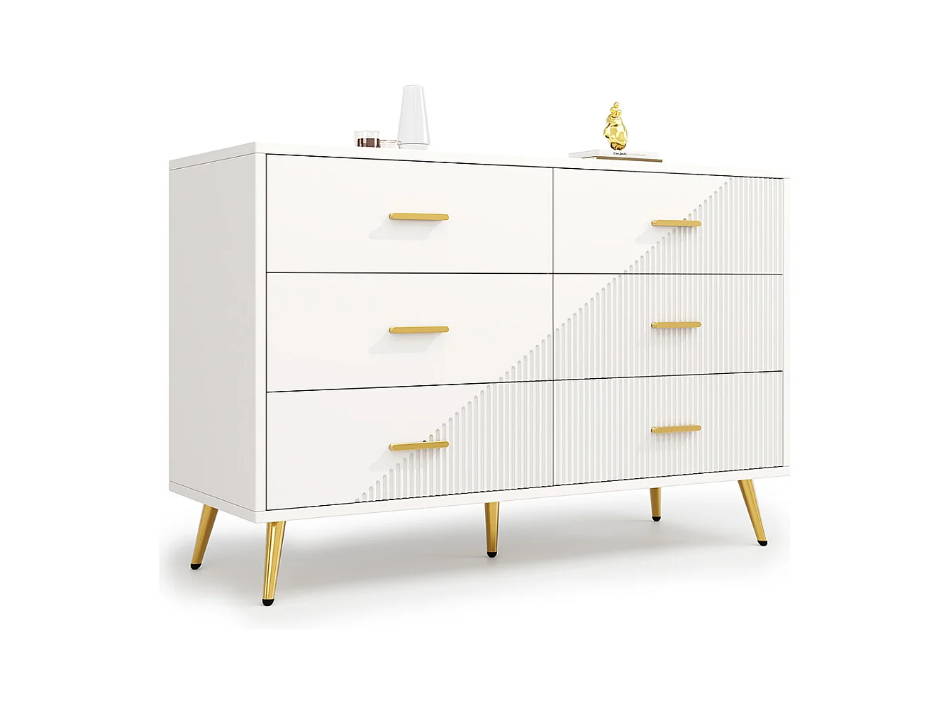 Commode à tiroirs meuble salle à manger blanc simple moderne design portes darmoire trois dimensions pieds dorés 6 tiroirs spacieux