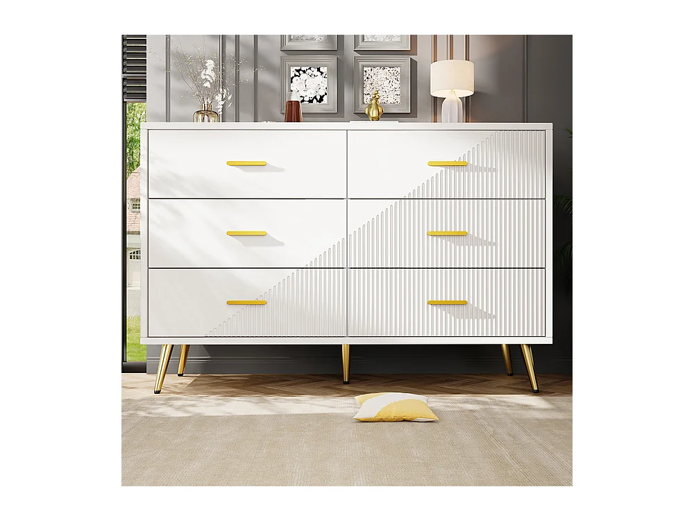 Commode à tiroirs meuble salle à manger blanc simple moderne design portes darmoire trois dimensions pieds dorés 6 tiroirs spacieux