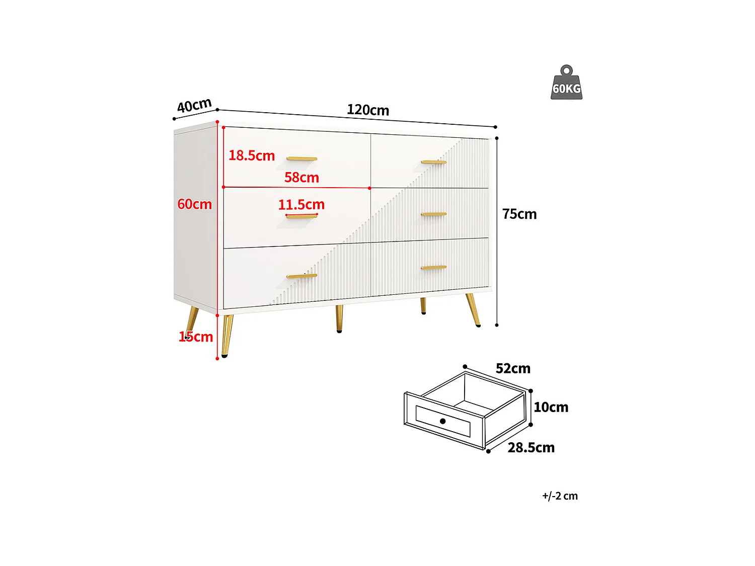 Commode à tiroirs meuble salle à manger blanc simple moderne design portes darmoire trois dimensions pieds dorés 6 tiroirs spacieux