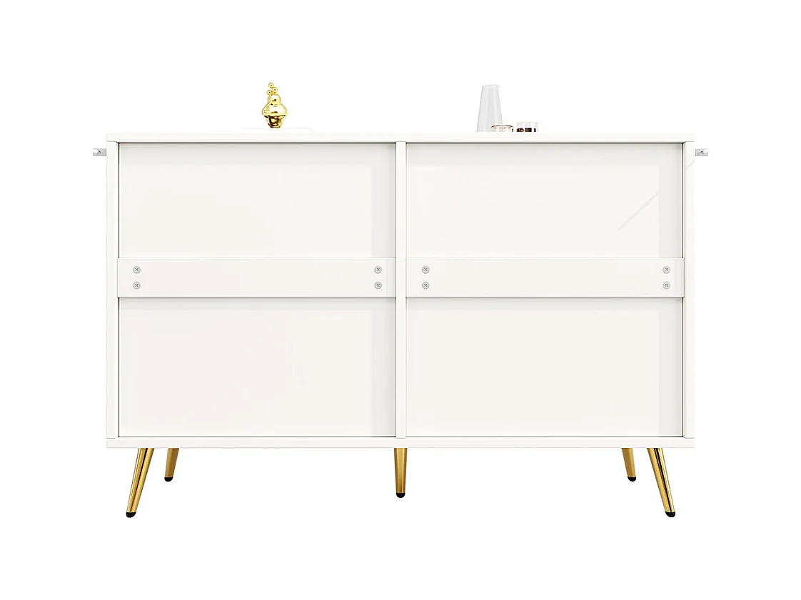 Commode à tiroirs meuble salle à manger blanc simple moderne design portes darmoire trois dimensions pieds dorés 6 tiroirs spacieux