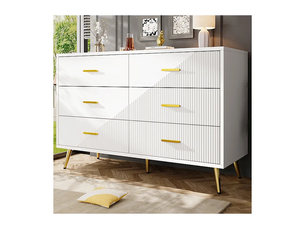Commode à tiroirs meuble salle à manger blanc simple moderne design portes darmoire trois dimensions pieds dorés 6 tiroirs spacieux