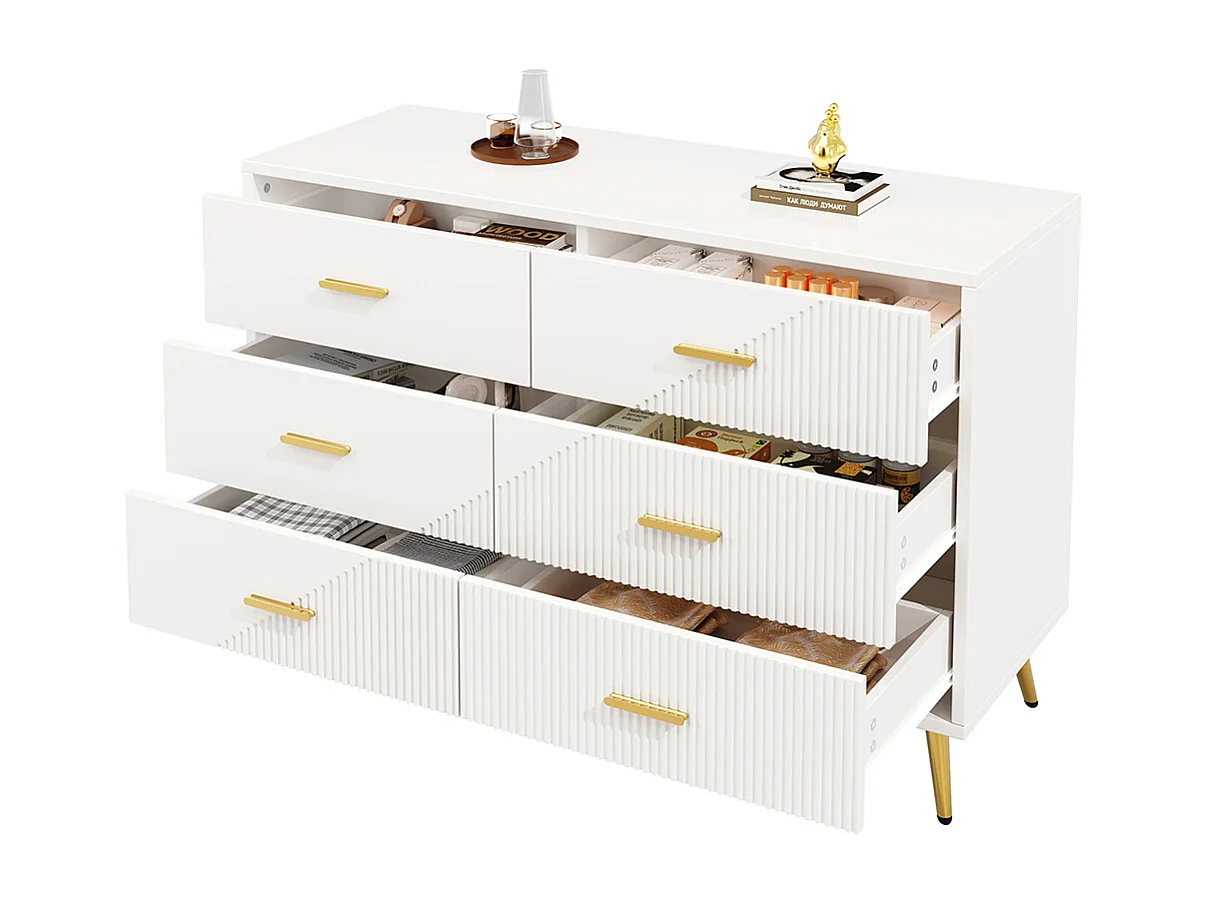 Commode à tiroirs meuble salle à manger blanc simple moderne design portes darmoire trois dimensions pieds dorés 6 tiroirs spacieux