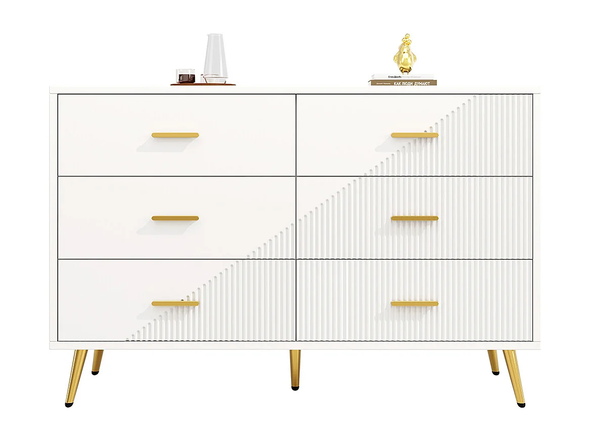 Commode à tiroirs meuble salle à manger blanc simple moderne design portes darmoire trois dimensions pieds dorés 6 tiroirs spacieux