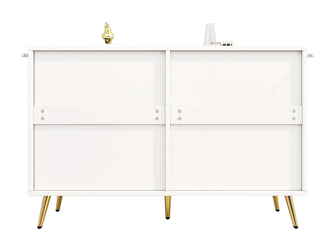 Commode à tiroirs meuble salle à manger blanc simple moderne design portes darmoire trois dimensions pieds dorés 6 tiroirs spacieux