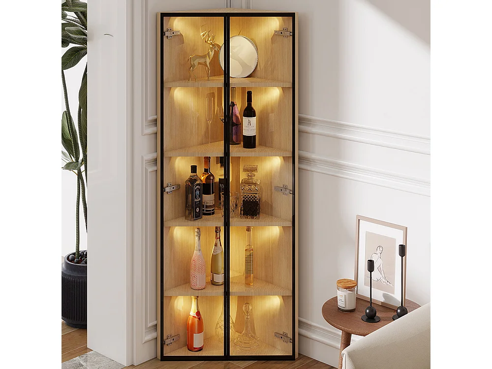 Vitrine LED chêne bande lumineuse verre trempé étanche étagères angle collections bibliothèque vin salle bain