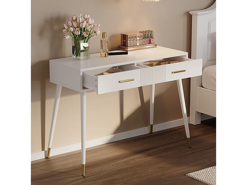 Coiffeuse blanc 2 tiroirs pieds métal sans miroir