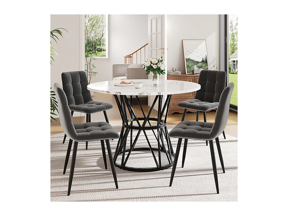 Ensemble table à manger 5 pièces 4 chaises moderne table ronde 100cm pieds noir plateau marbré chaises velours gris