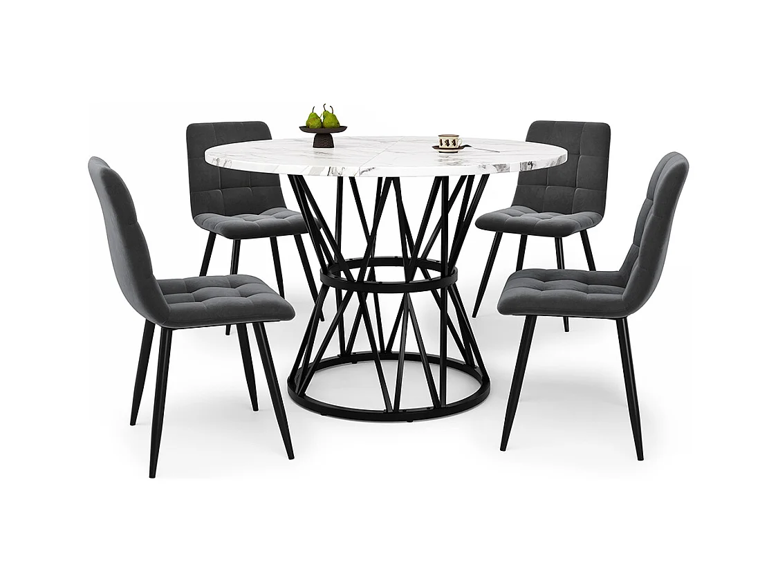 Ensemble table à manger 5 pièces 4 chaises moderne table ronde 100cm pieds noir plateau marbré chaises velours gris