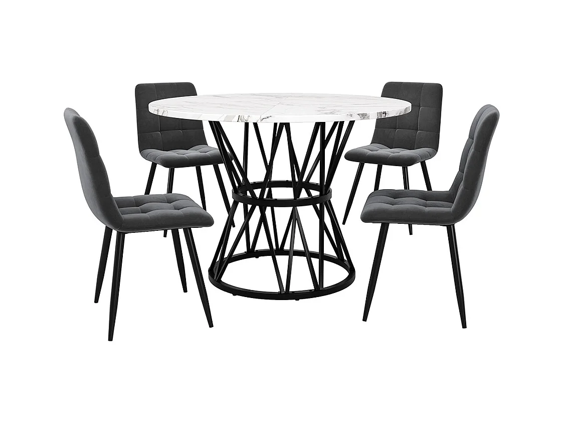 Ensemble table à manger 5 pièces 4 chaises moderne table ronde 100cm pieds noir plateau marbré chaises velours gris