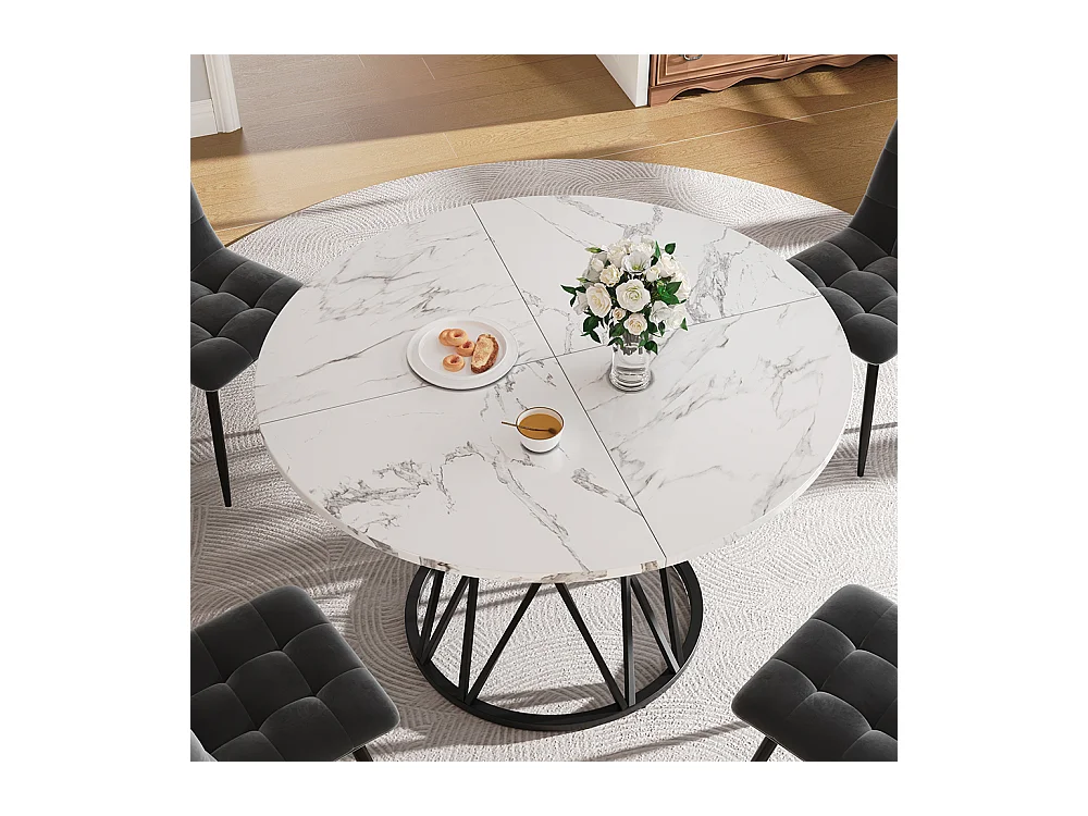 Ensemble table à manger 5 pièces 4 chaises moderne table ronde 100cm pieds noir plateau marbré chaises velours gris