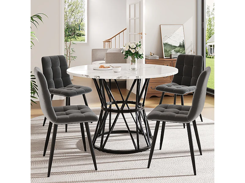 Ensemble table à manger 5 pièces 4 chaises moderne table ronde 100cm pieds noir plateau marbré chaises velours gris