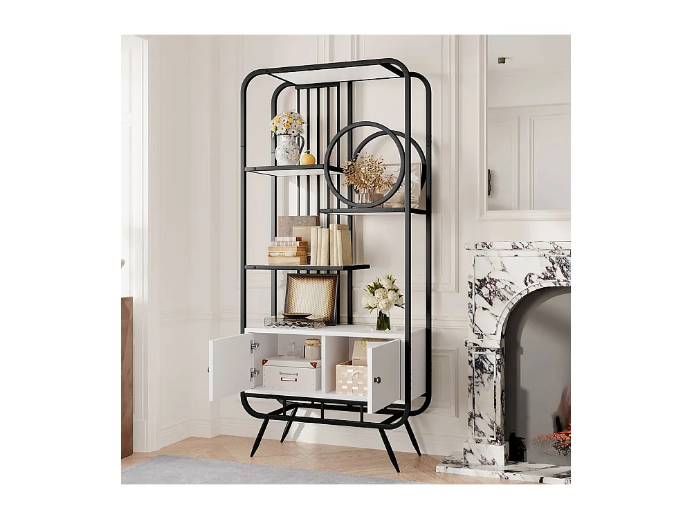 Étagère métallique à double porte trois étagères étagère métallique pieds métalliques hauts décoration ronde blanc + noir