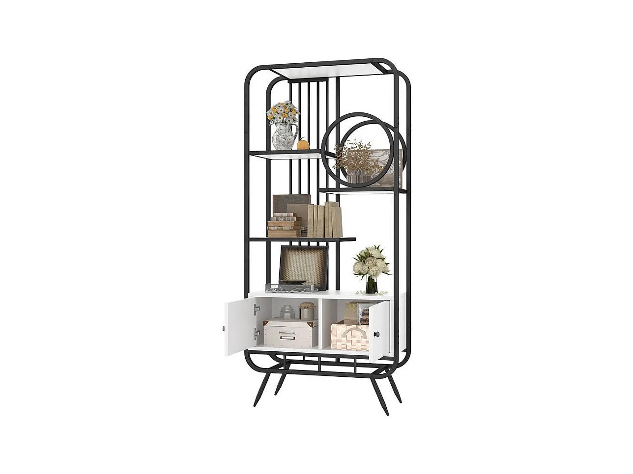 Étagère métallique à double porte trois étagères étagère métallique pieds métalliques hauts décoration ronde blanc + noir