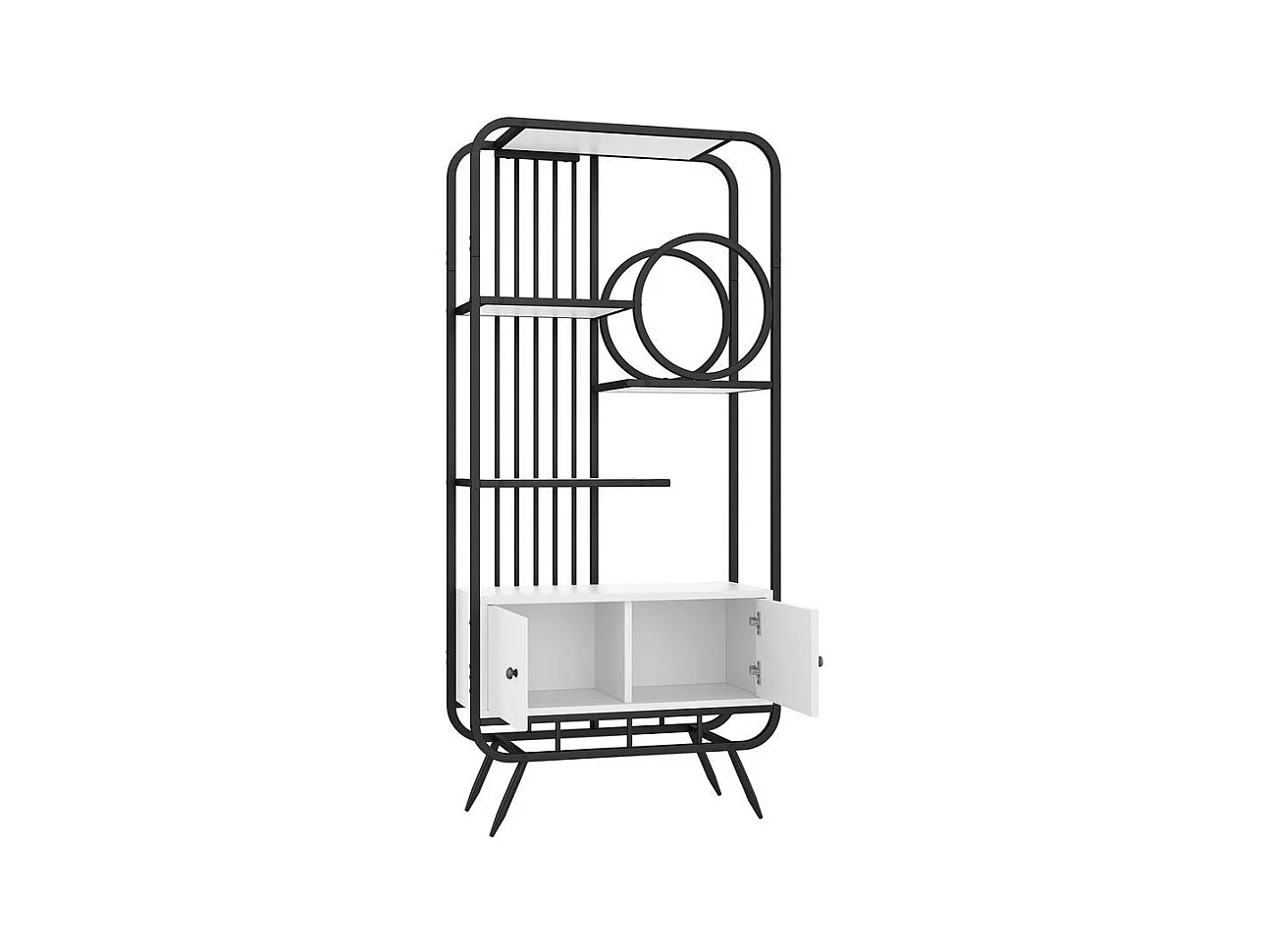 Étagère métallique à double porte trois étagères étagère métallique pieds métalliques hauts décoration ronde blanc + noir